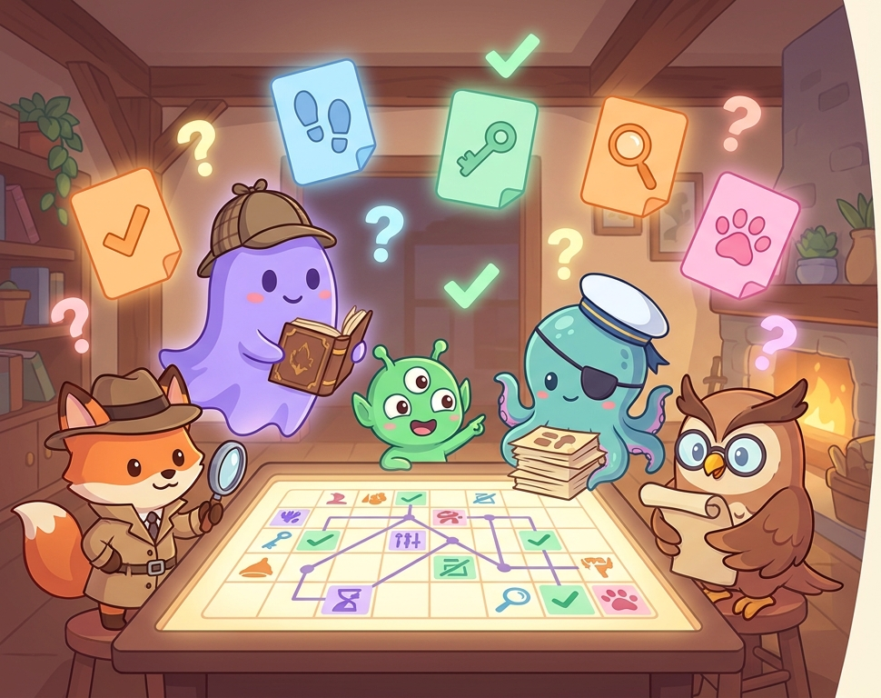 Personajes detective de Deduzzle alrededor de la cuadrícula de deducción